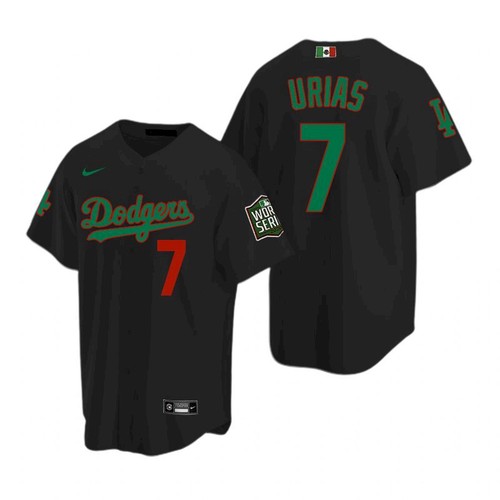 Men's Los Angeles Dodgers White #7 Julio Urias Black Green MLB 2020 World Series Stitched Jersey